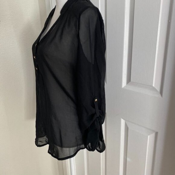 Mossimo Black Sheer Blouse Adjustable Tab Sleeves Size Medium Gold Buttons - Picture 2 of 6